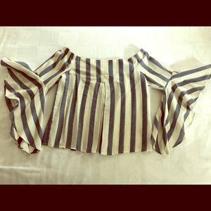 Off the shoulder white and blue striped blouse.